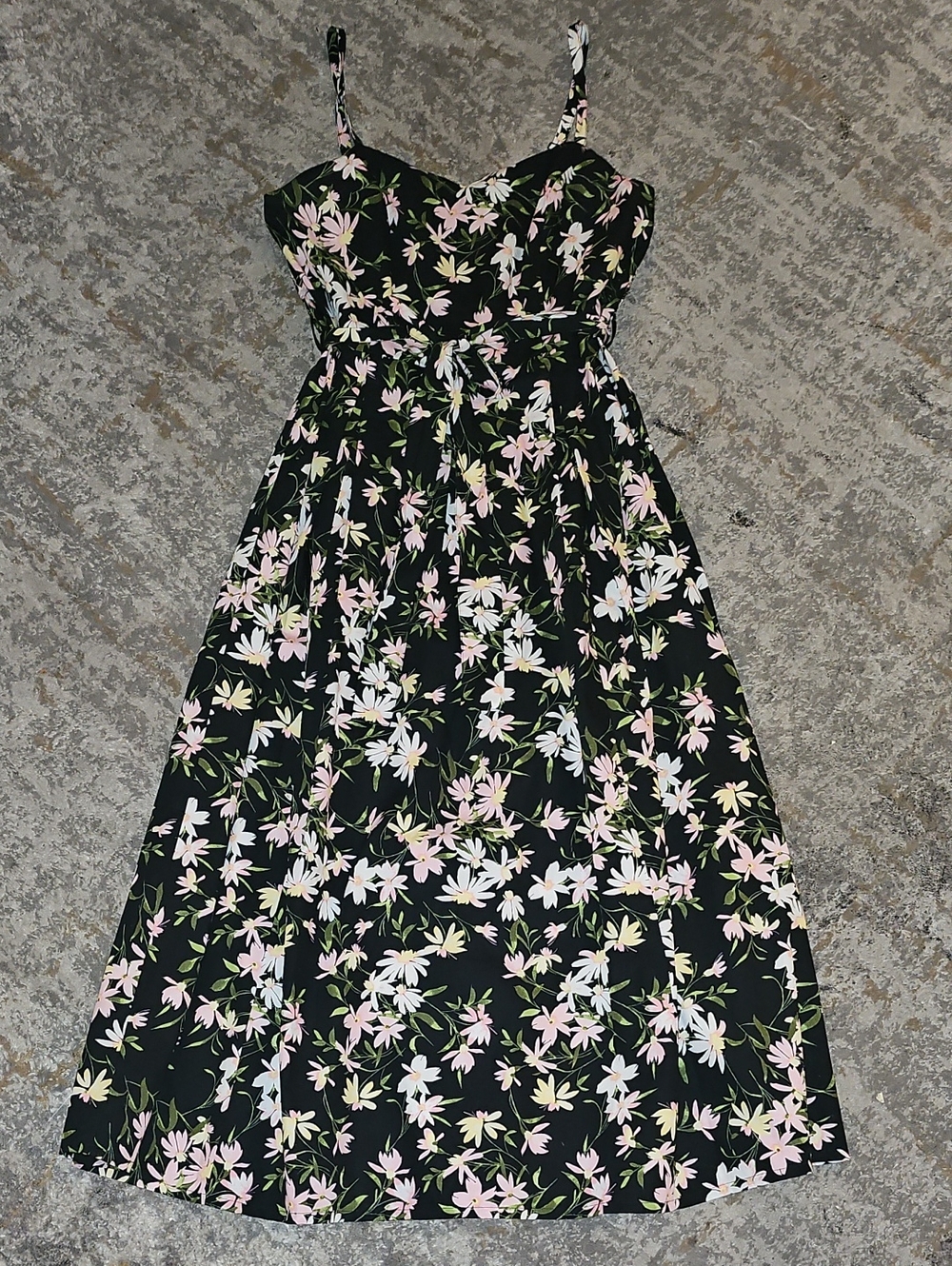 DKNY Black Pink Floral Midi Dress with Pastel Daisies Size 12